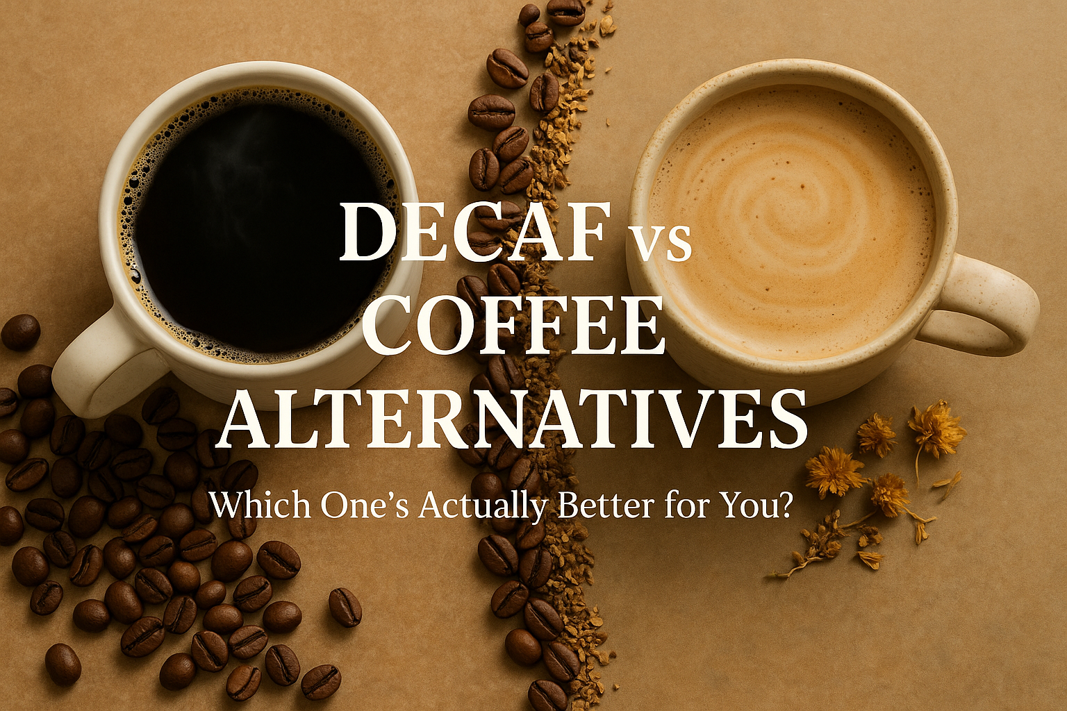 Flat-lay of a cup of dark decaf coffee beside a creamy herbal coffee alternative, divided by coffee beans and herbs with the text ‘Decaf vs Coffee Alternatives: Which One’s Actually Better for You?’ on a warm brown background.