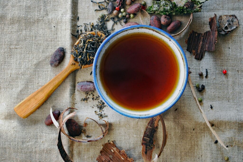 A cup of roasted herbal blend tea that is safe for pregnancy